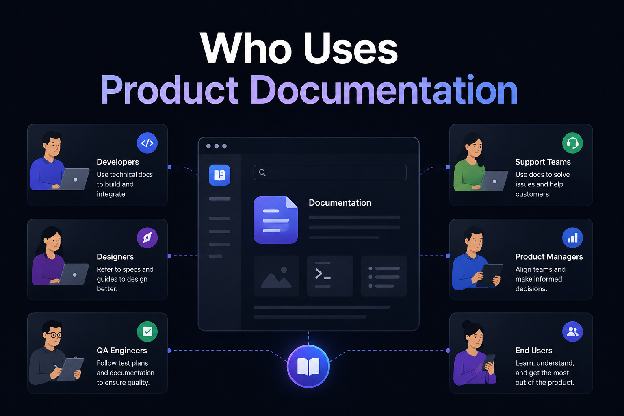 Who uses product documentation: developers, designers, QA engineers, support teams, product managers, and end users