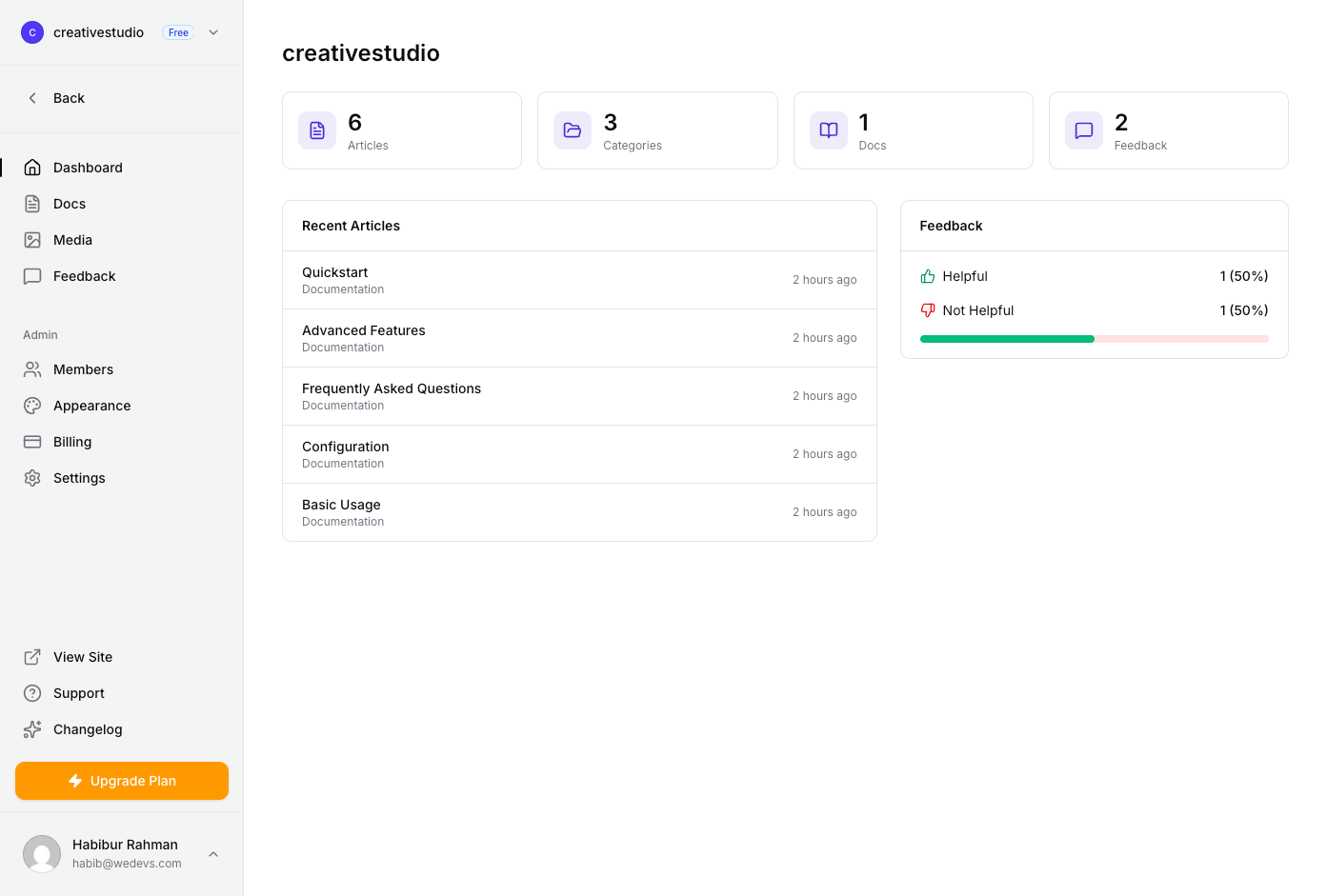 FlyDocs dashboard — manage docs, articles, and feedback in one place
